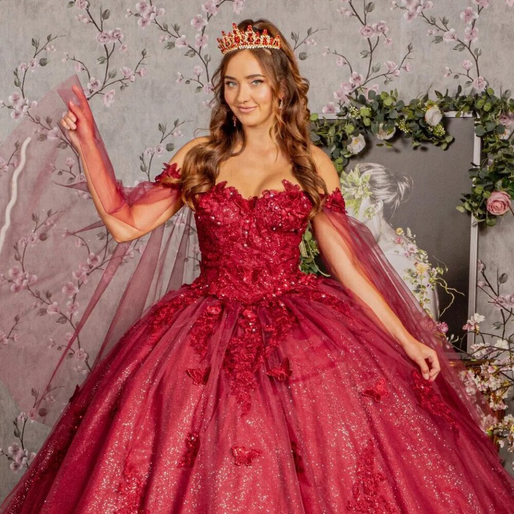 New Off Shoulder Butterfly Embellished Quinceanera Gown w/ Lace Up Back GL3181 - Picture 3 of 13